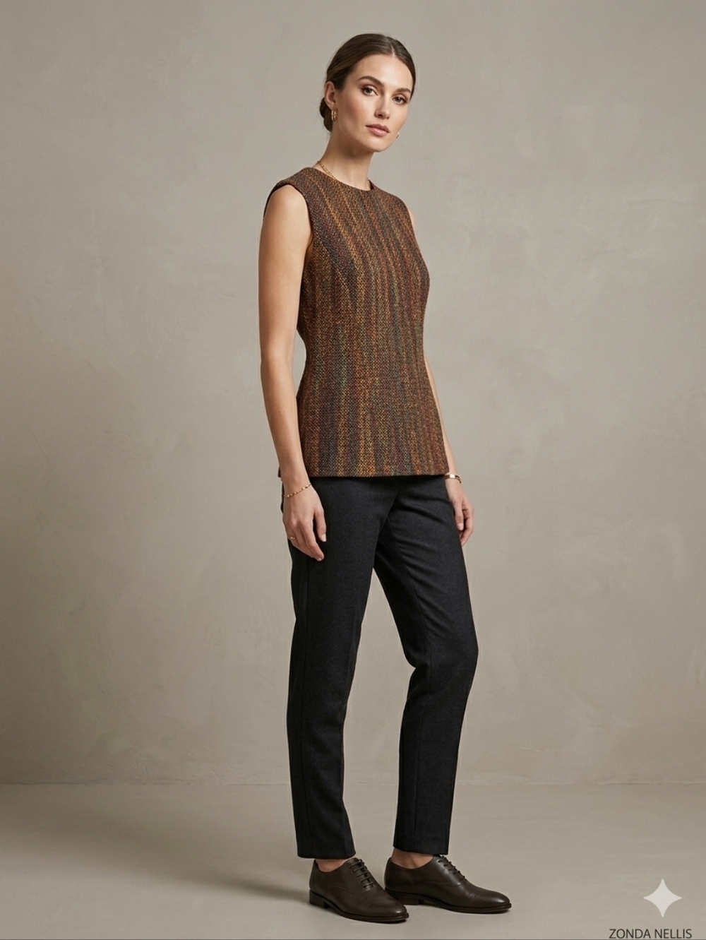 Zonda Nellis Hand Woven Sleeveless Tailored Top Multicolour Earthy Tones